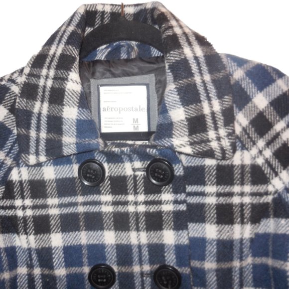 Pea Coat MEDIUM Wool Blend Navy Blue Plaid Winter Jacket - Picture 2 of 7